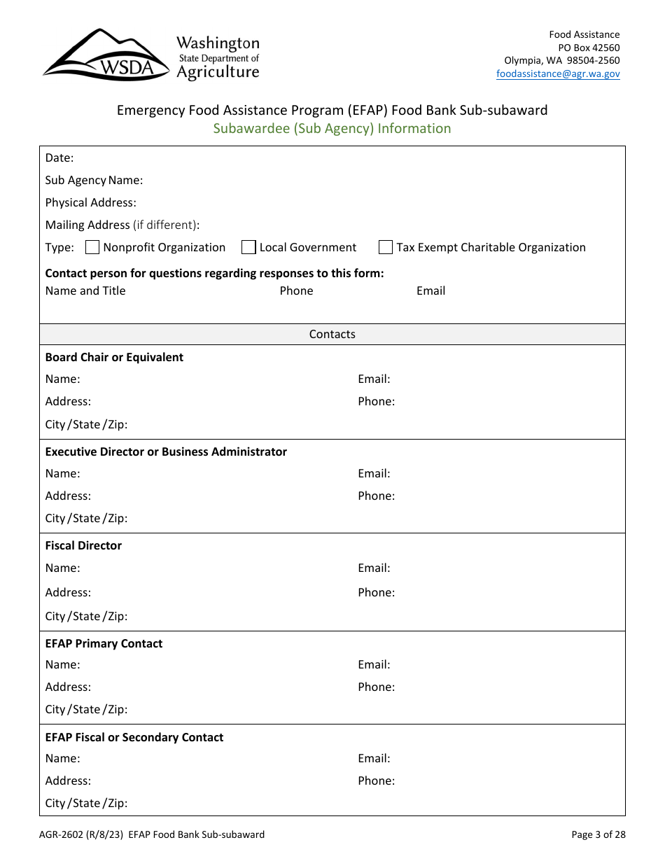 Form AGR-2602 Food Bank Sub-subaward - Emergency Food Assistance Program (Efap) - Washington, Page 3