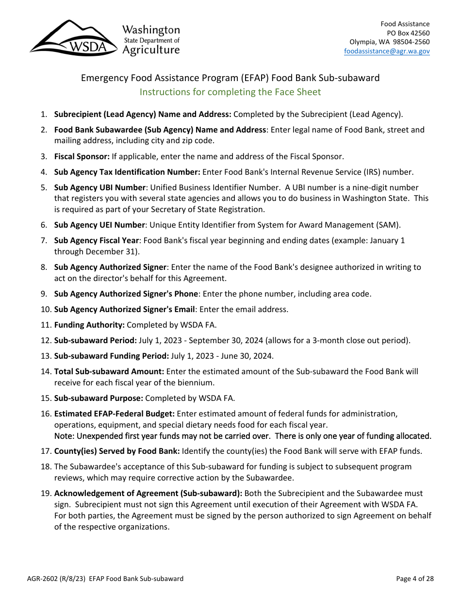 Form AGR-2602 Food Bank Sub-subaward - Emergency Food Assistance Program (Efap) - Washington, Page 4