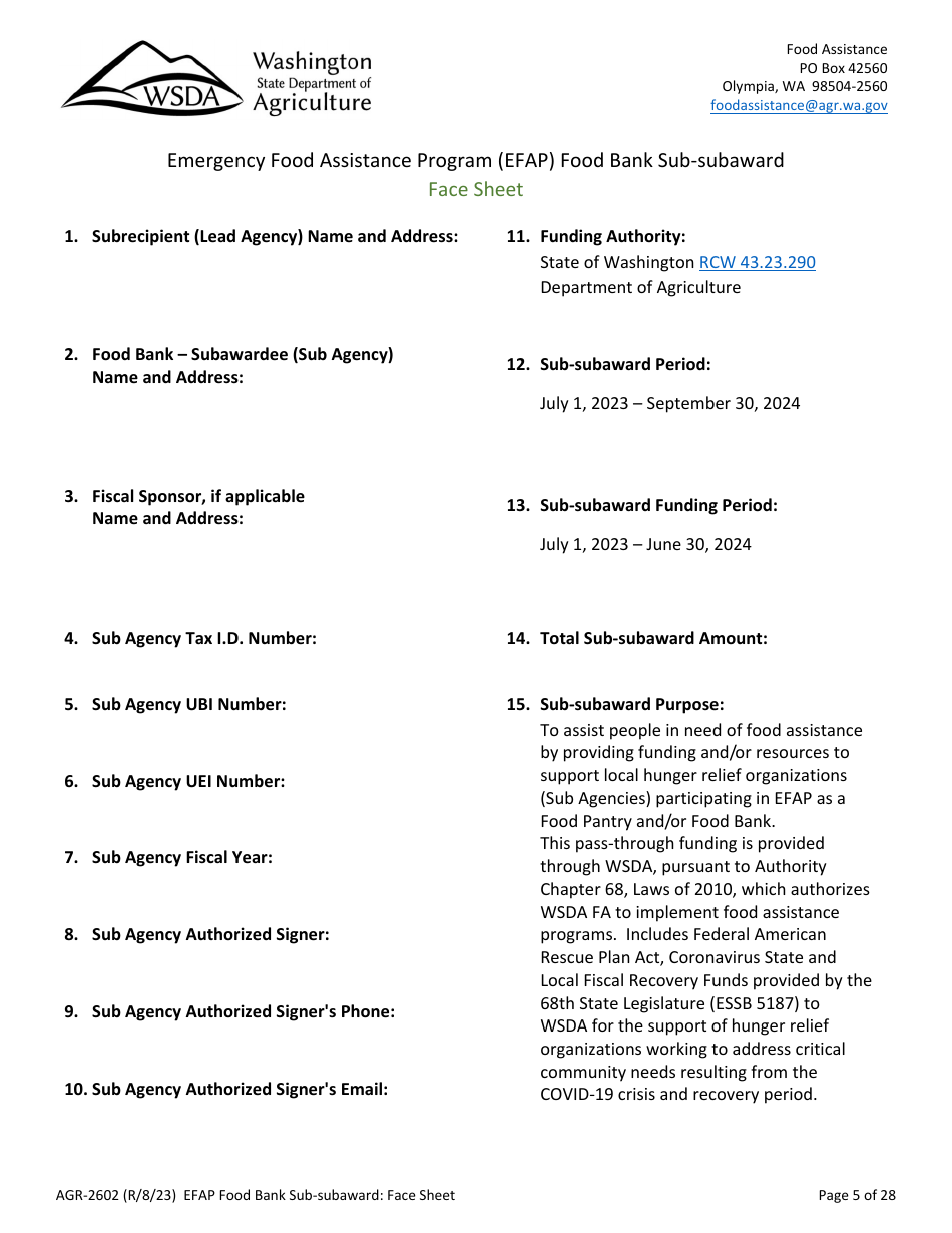 Form AGR-2602 Food Bank Sub-subaward - Emergency Food Assistance Program (Efap) - Washington, Page 5