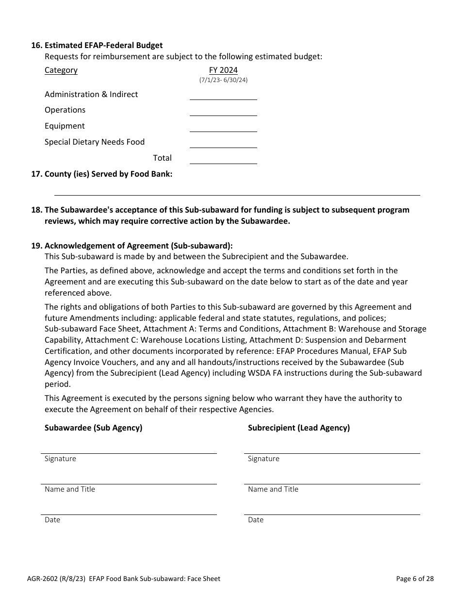 Form AGR-2602 Food Bank Sub-subaward - Emergency Food Assistance Program (Efap) - Washington, Page 6