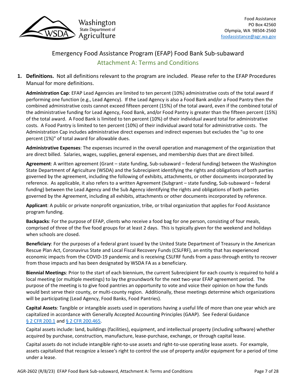 Form AGR-2602 Food Bank Sub-subaward - Emergency Food Assistance Program (Efap) - Washington, Page 7