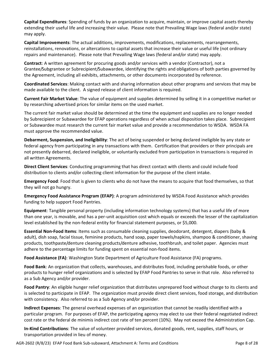 Form AGR-2602 Food Bank Sub-subaward - Emergency Food Assistance Program (Efap) - Washington, Page 8