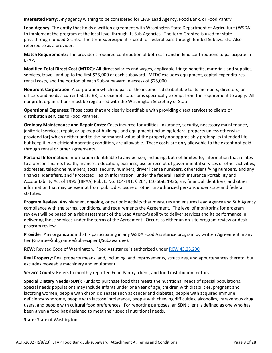 Form AGR-2602 Food Bank Sub-subaward - Emergency Food Assistance Program (Efap) - Washington, Page 9