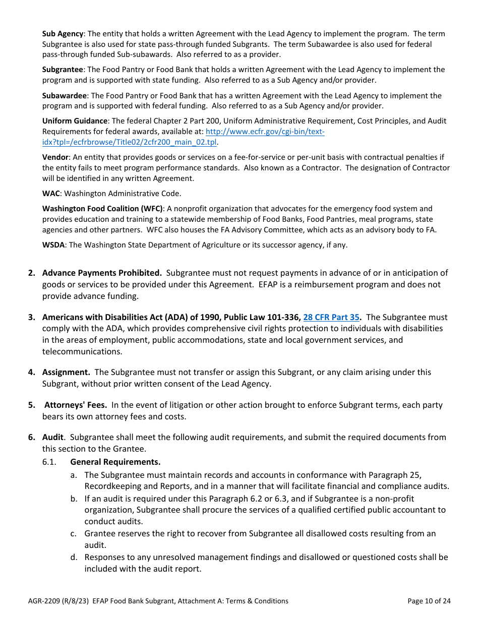 Form AGR-2209 Food Bank Subgrant - Emergency Food Assistance Program (Efap) - Washington, Page 10