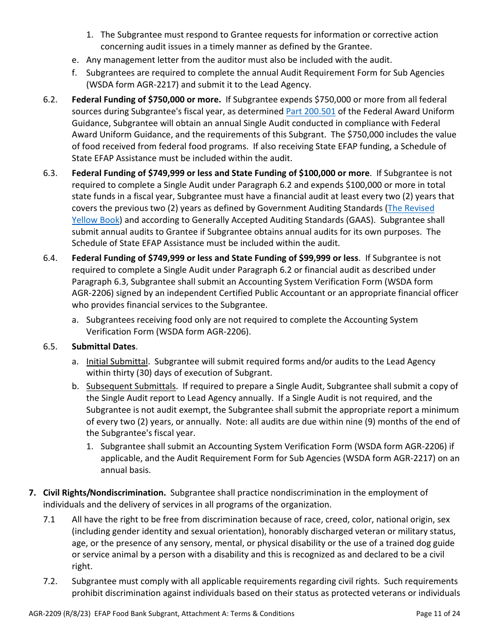 Form AGR-2209 Food Bank Subgrant - Emergency Food Assistance Program (Efap) - Washington, Page 11