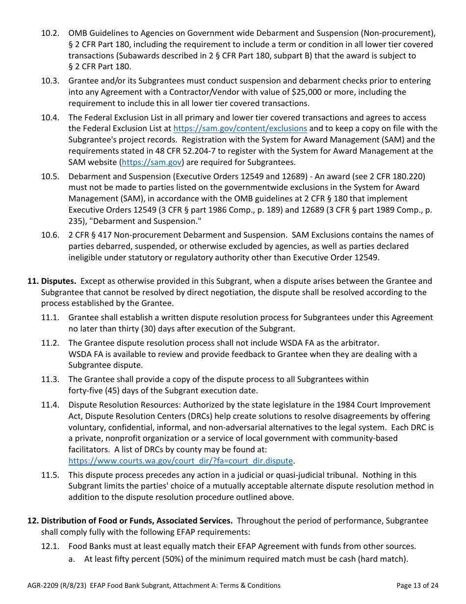 Form AGR-2209 Food Bank Subgrant - Emergency Food Assistance Program (Efap) - Washington, Page 13