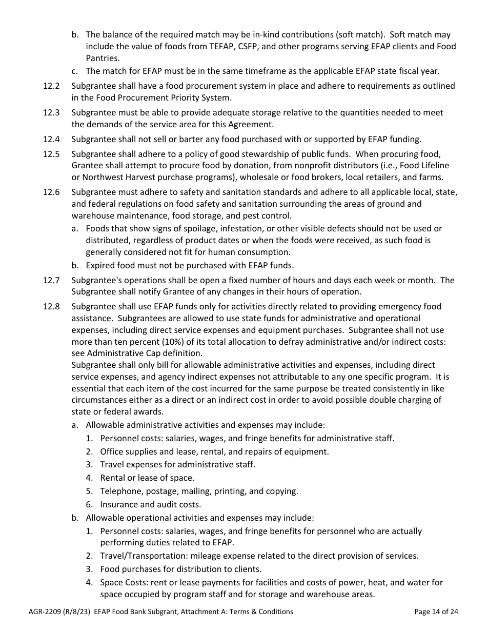 Form AGR-2209 Food Bank Subgrant - Emergency Food Assistance Program (Efap) - Washington, Page 14