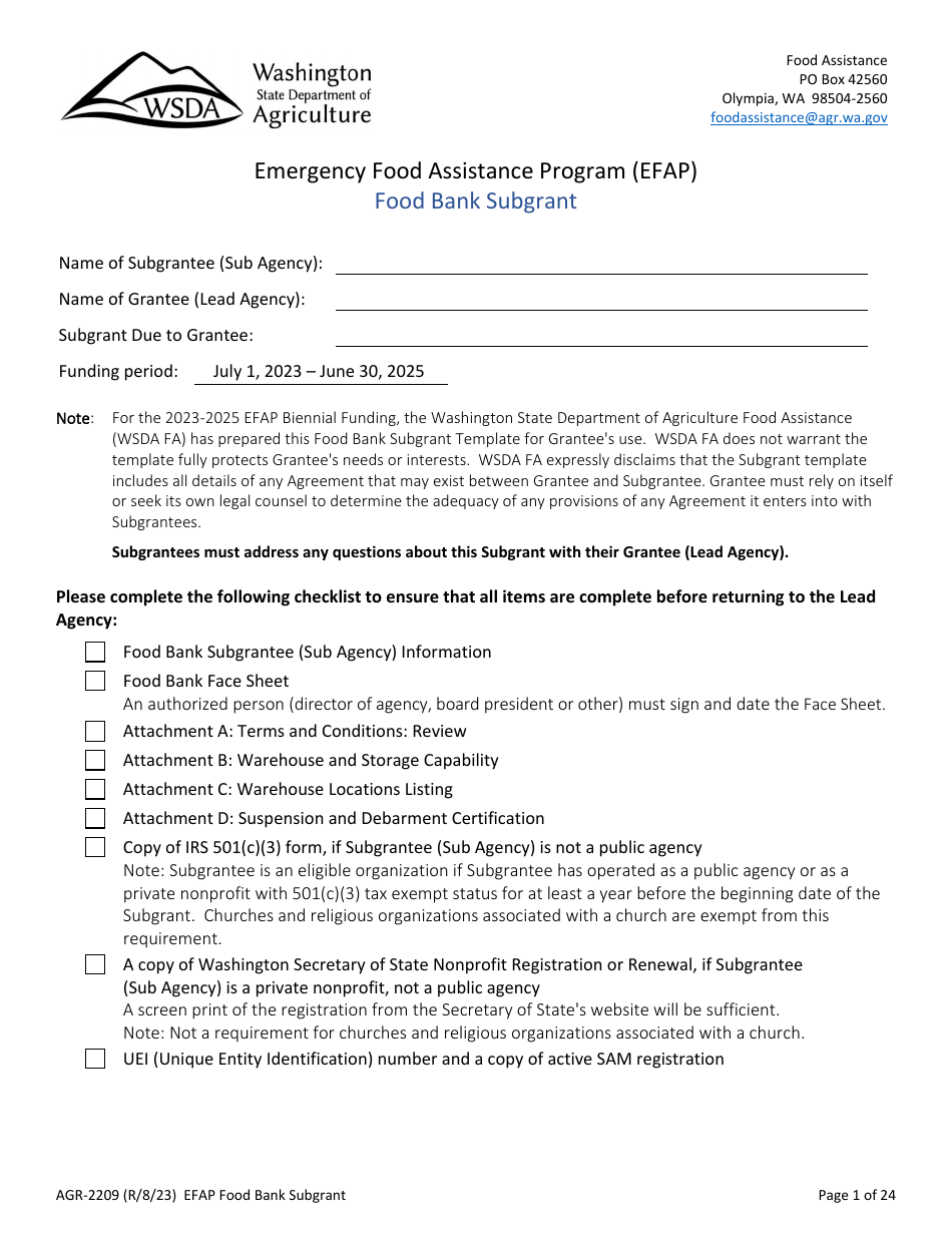Form AGR-2209 Food Bank Subgrant - Emergency Food Assistance Program (Efap) - Washington, Page 1