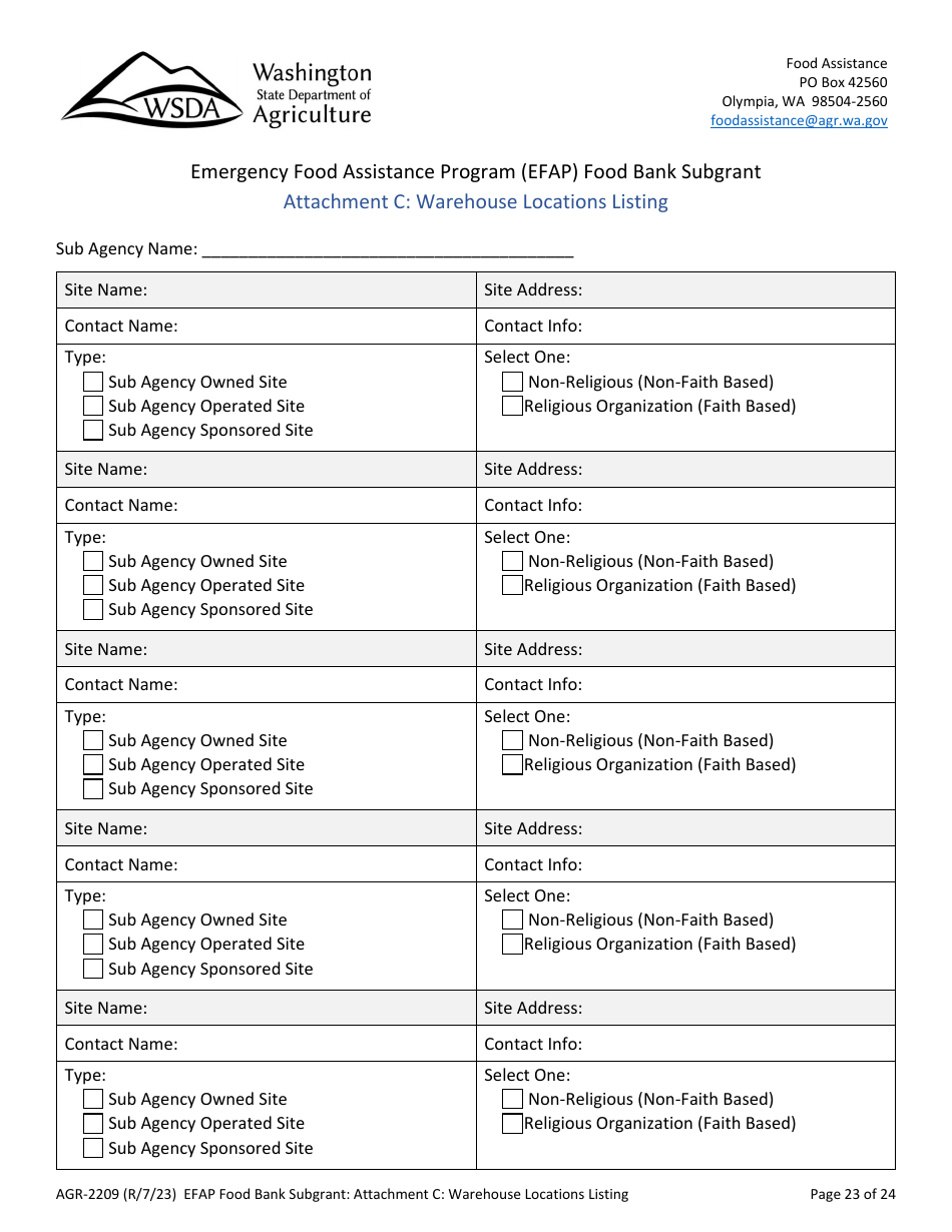 Form AGR-2209 Food Bank Subgrant - Emergency Food Assistance Program (Efap) - Washington, Page 23