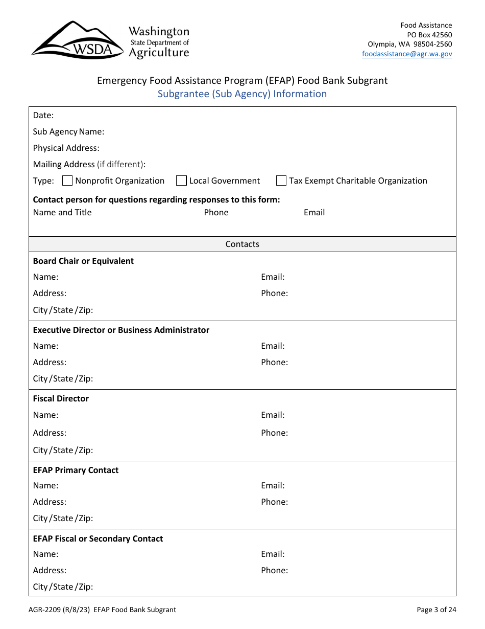 Form AGR-2209 Food Bank Subgrant - Emergency Food Assistance Program (Efap) - Washington, Page 3