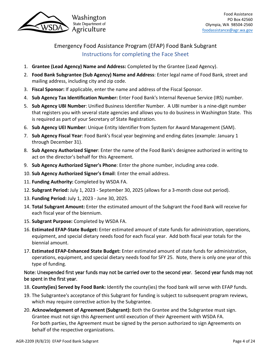 Form AGR-2209 Food Bank Subgrant - Emergency Food Assistance Program (Efap) - Washington, Page 4