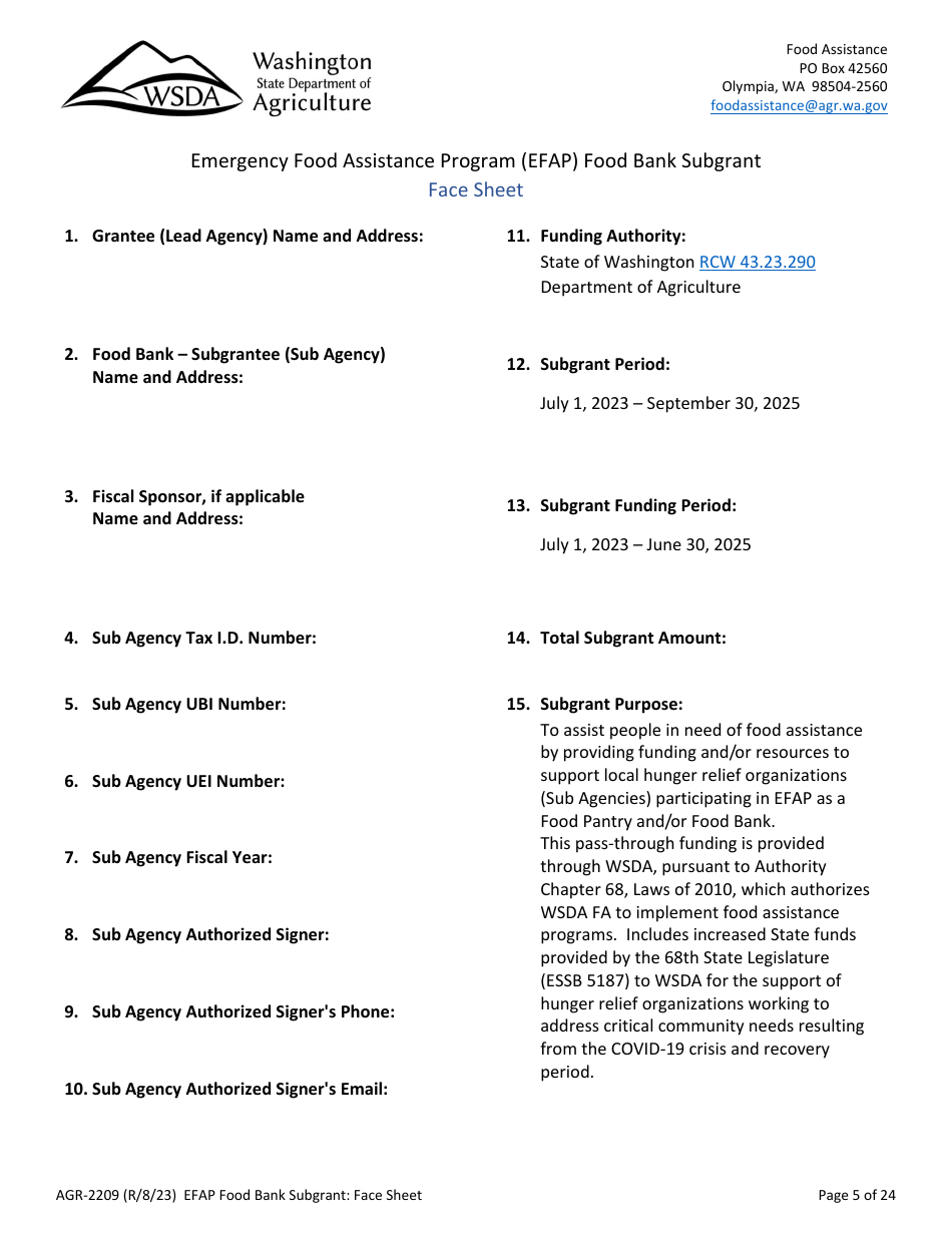 Form AGR-2209 Food Bank Subgrant - Emergency Food Assistance Program (Efap) - Washington, Page 5