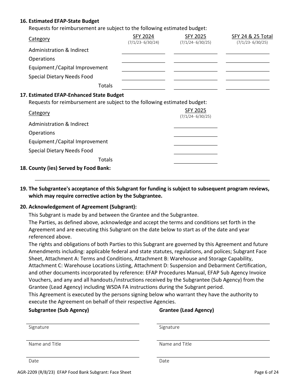 Form AGR-2209 Food Bank Subgrant - Emergency Food Assistance Program (Efap) - Washington, Page 6