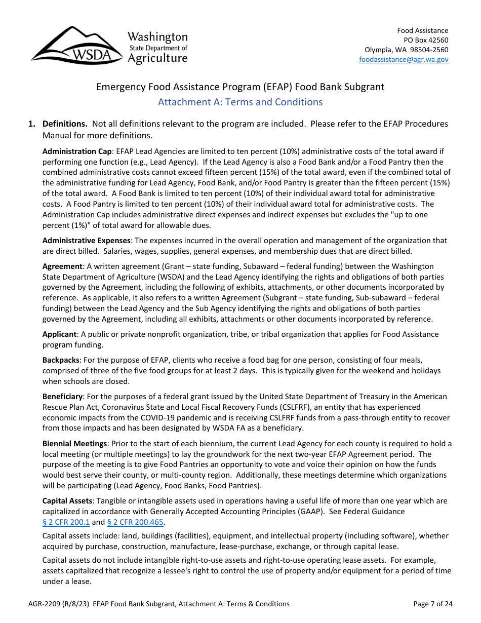 Form AGR-2209 Food Bank Subgrant - Emergency Food Assistance Program (Efap) - Washington, Page 7