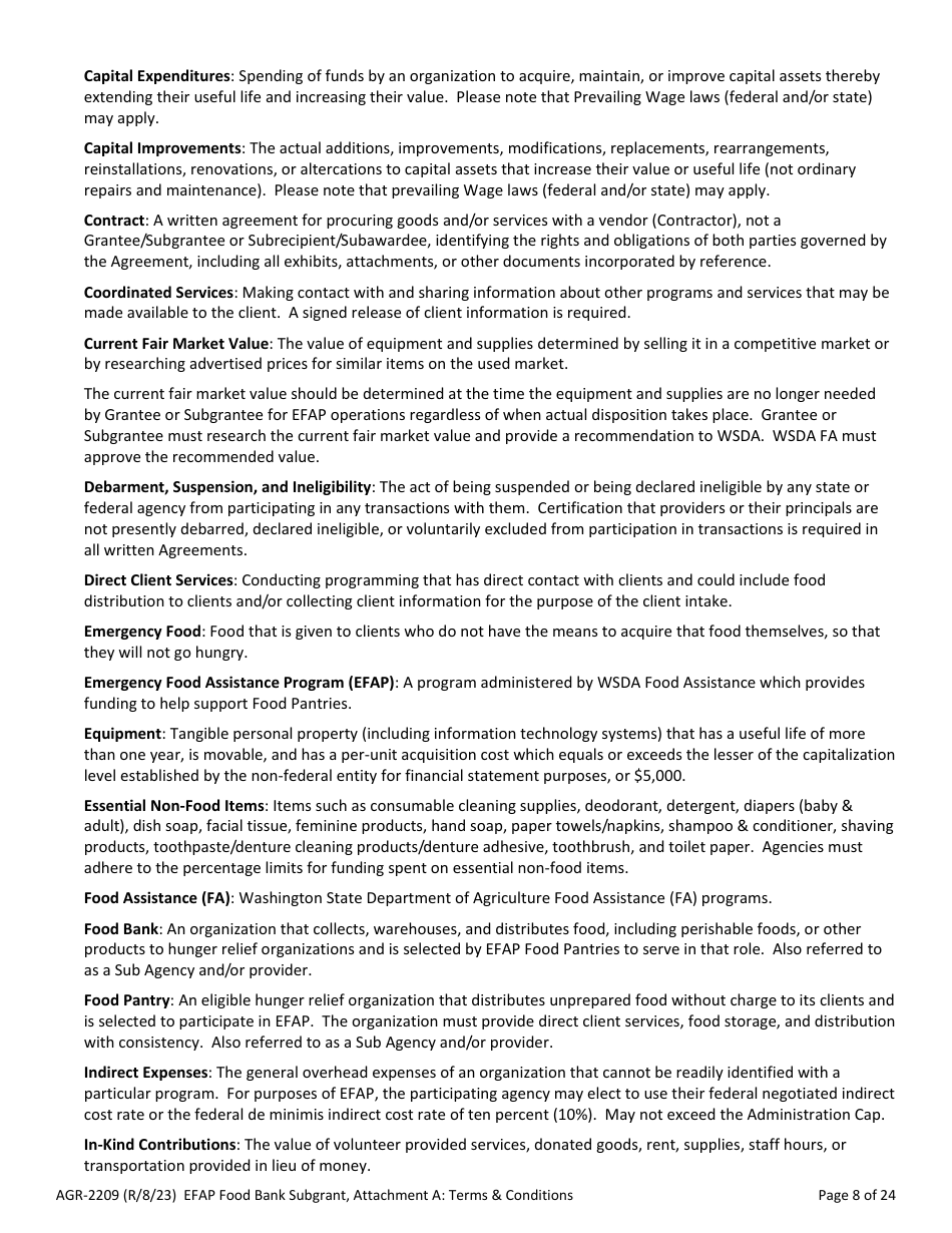 Form AGR-2209 Food Bank Subgrant - Emergency Food Assistance Program (Efap) - Washington, Page 8
