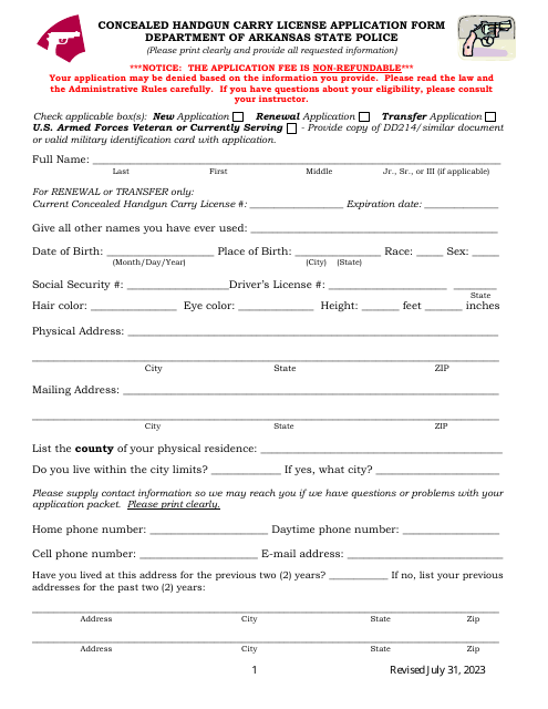 Concealed Handgun Carry License Application Form - Arkansas Download Pdf