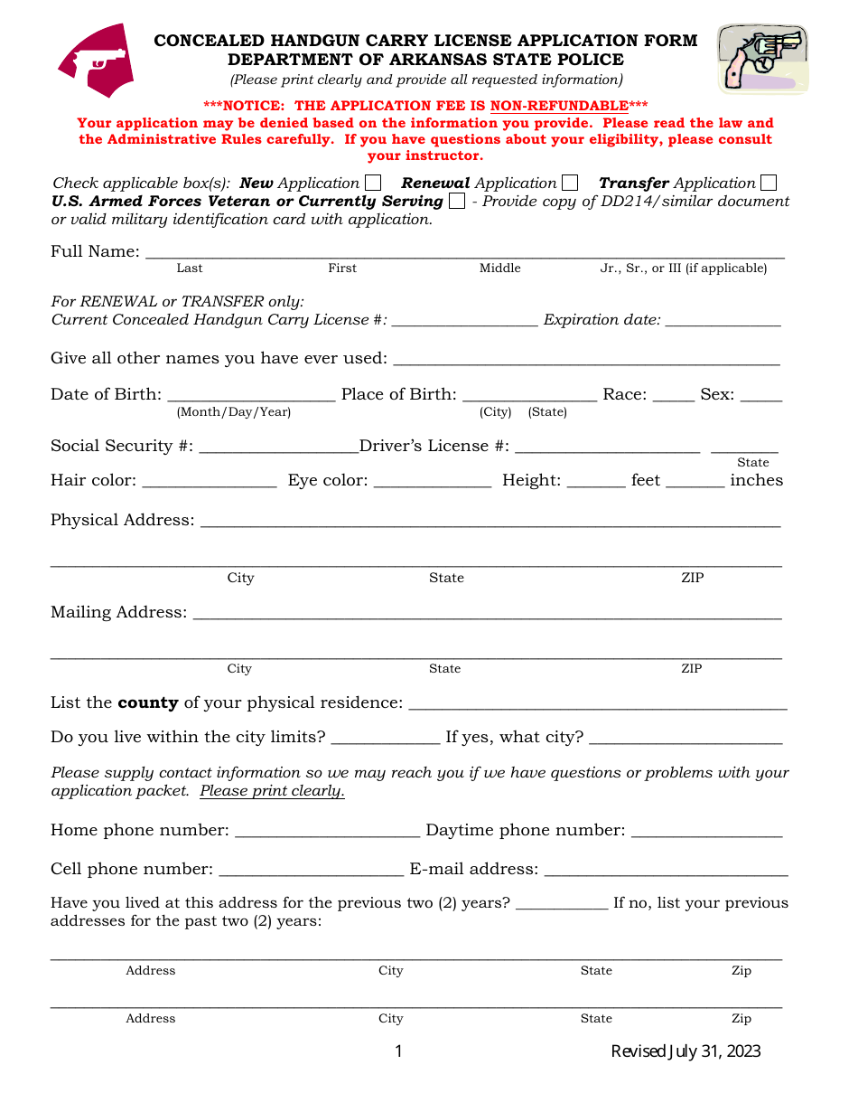 Concealed Handgun Carry License Application Form - Arkansas, Page 1