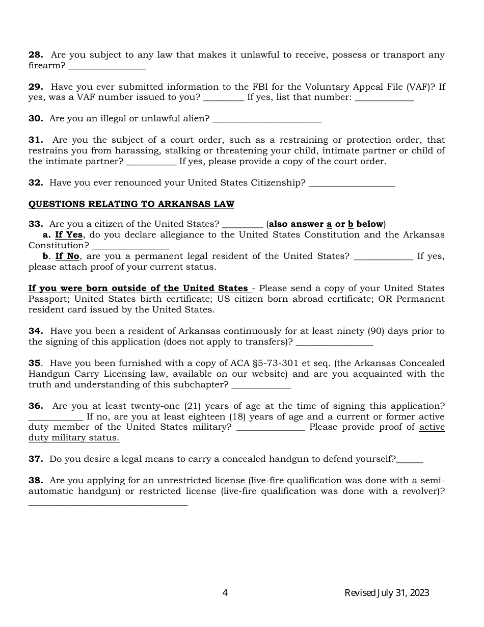 Concealed Handgun Carry License Application Form - Arkansas, Page 4
