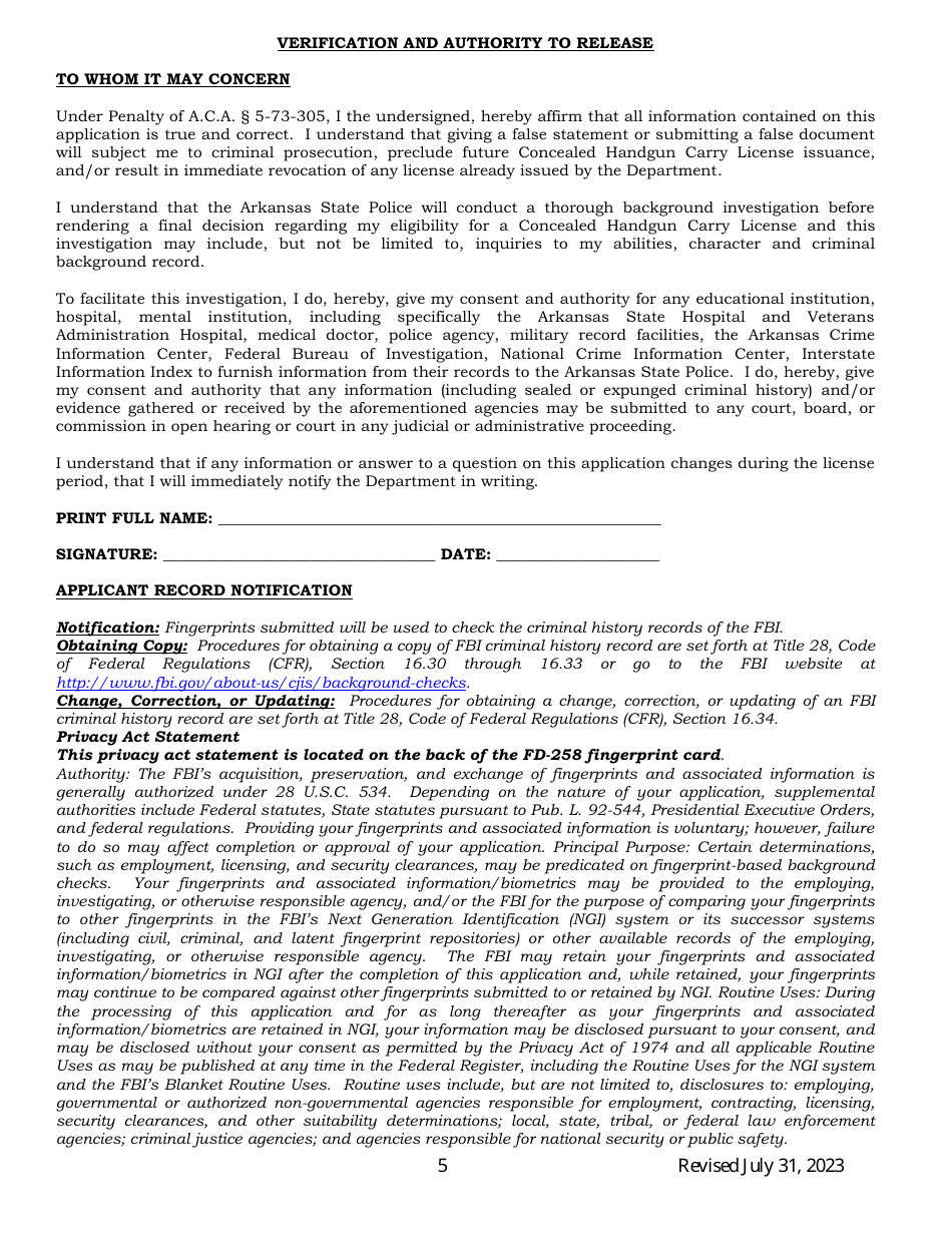 Concealed Handgun Carry License Application Form - Arkansas, Page 5
