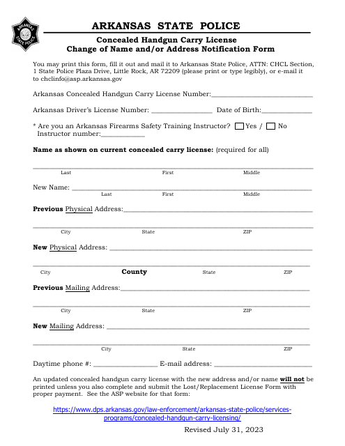 Concealed Handgun Carry License Change of Name and/or Address Notification Form - Arkansas
