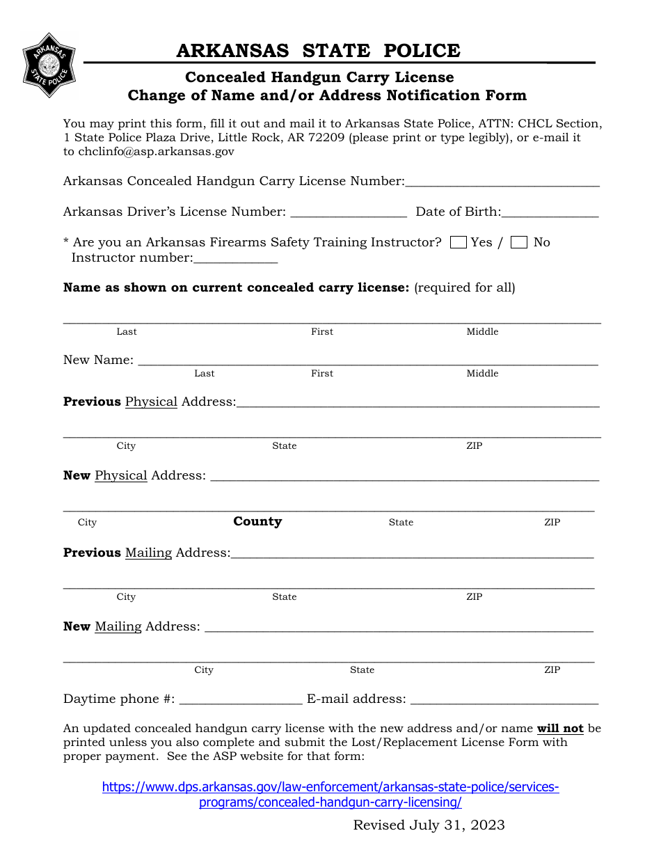 Concealed Handgun Carry License Change of Name and / or Address Notification Form - Arkansas, Page 1