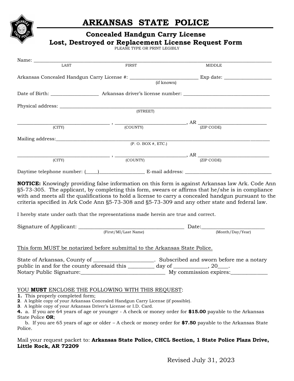 Concealed Handgun Carry License Lost, Destroyed or Replacement License Request Form - Arkansas, Page 1