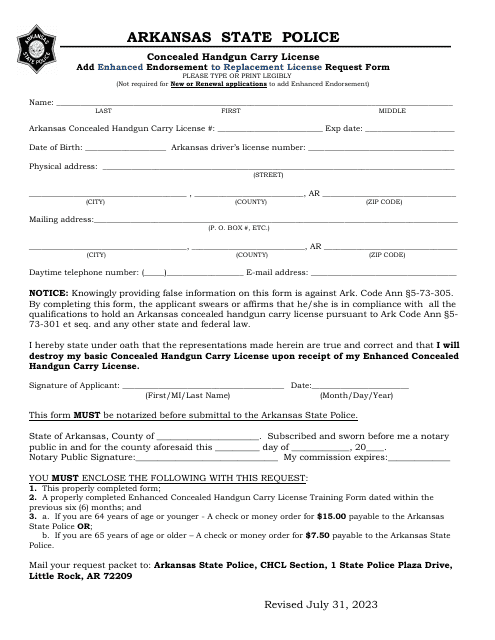 Concealed Handgun Carry License Add Enhanced Endorsement to Replacement License Request Form - Arkansas Download Pdf