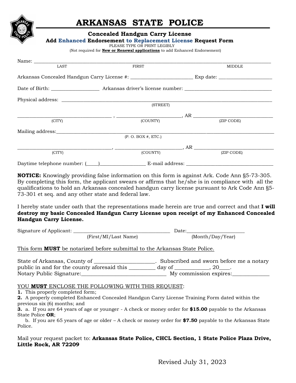 Concealed Handgun Carry License Add Enhanced Endorsement to Replacement License Request Form - Arkansas, Page 1