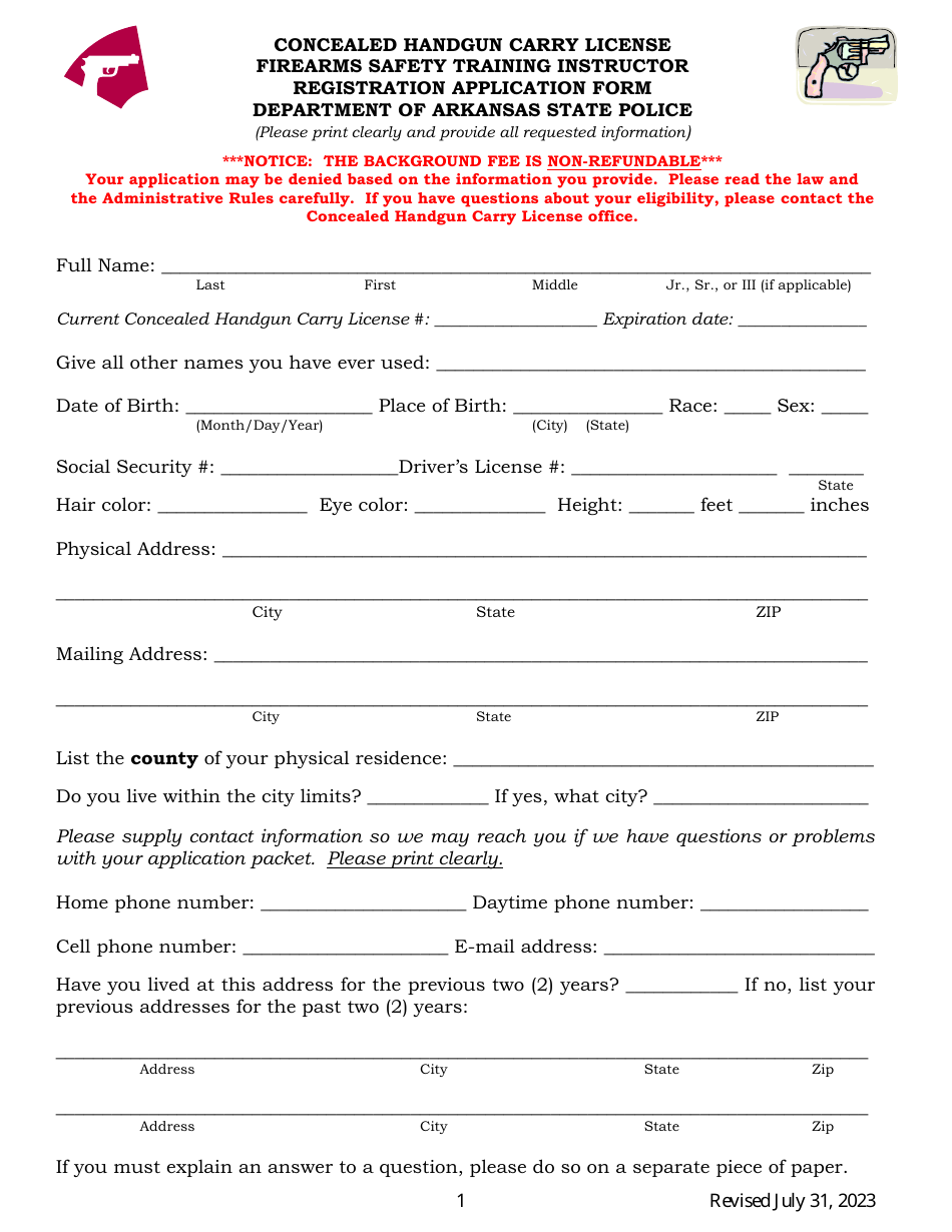 Concealed Handgun Carry License Firearms Safety Training Instructor Registration Application Form - Arkansas, Page 1