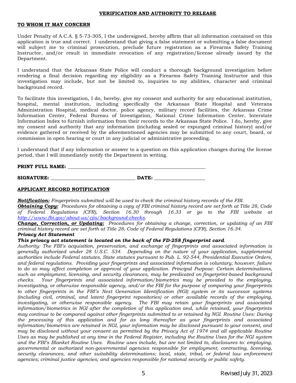 Concealed Handgun Carry License Firearms Safety Training Instructor Registration Application Form - Arkansas, Page 5