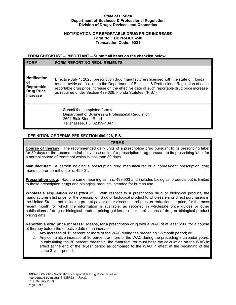 Form DBPR-DDC-248 Notification of Reportable Drug Price Increase - Florida, Page 1