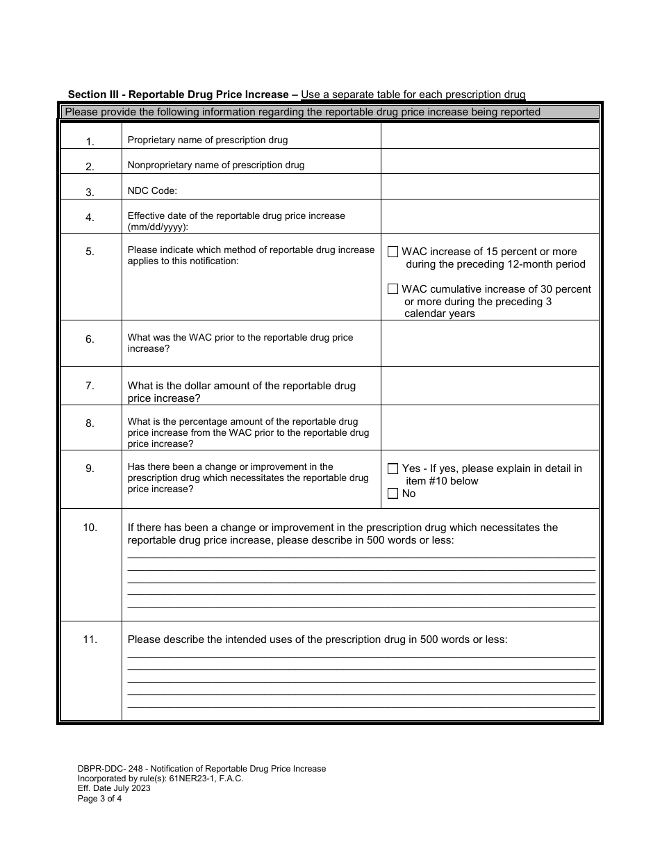 Form DBPR-DDC-248 Notification of Reportable Drug Price Increase - Florida, Page 3