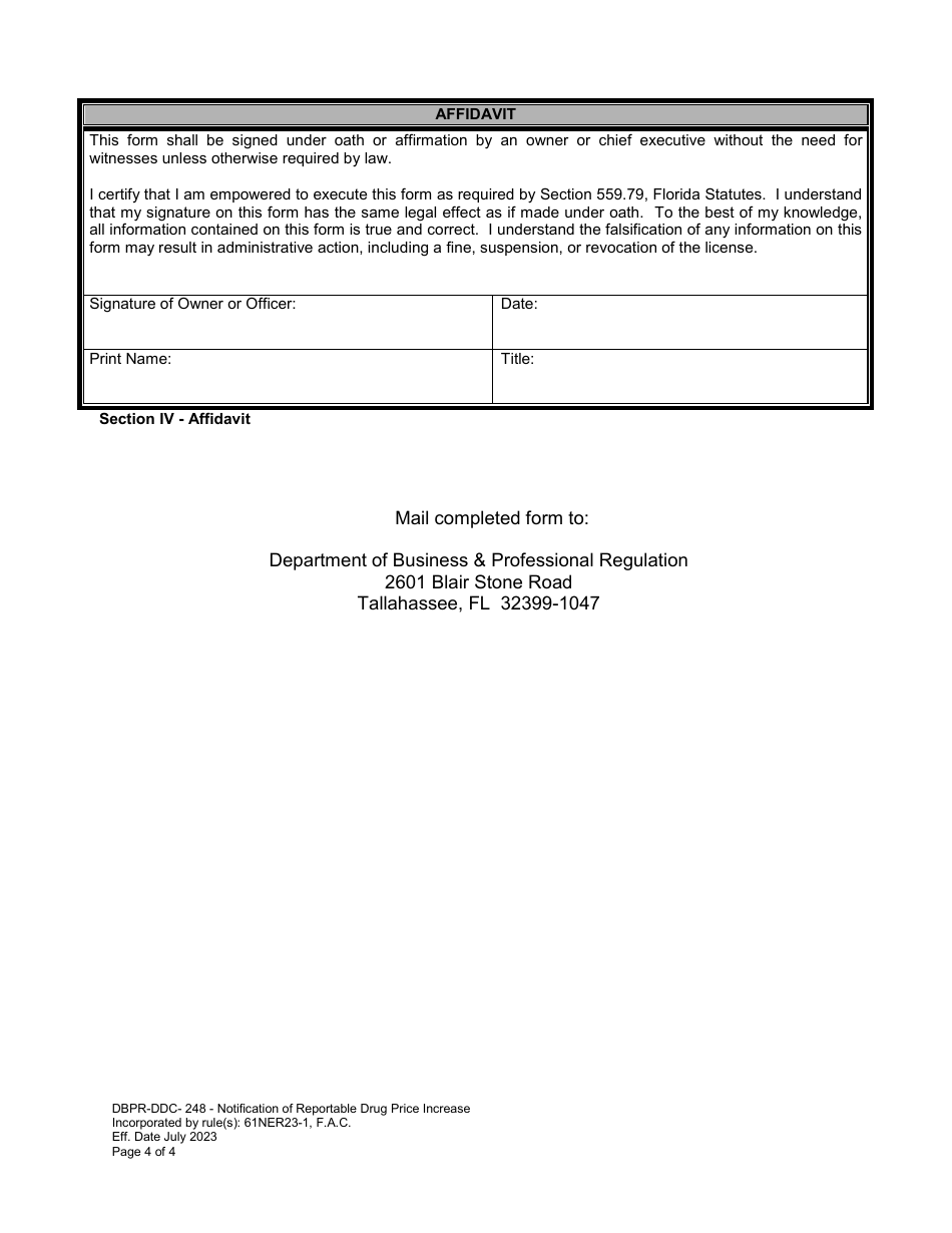 Form DBPR-DDC-248 Notification of Reportable Drug Price Increase - Florida, Page 4