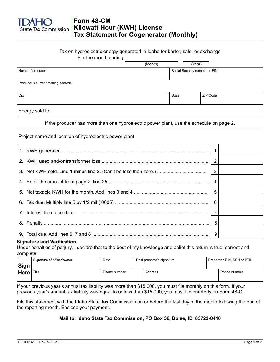 Form 48-CM (EFO00161) Kilowatt Hour (Kwh) License Tax Statement for Cogenerator (Monthly) - Idaho, Page 1