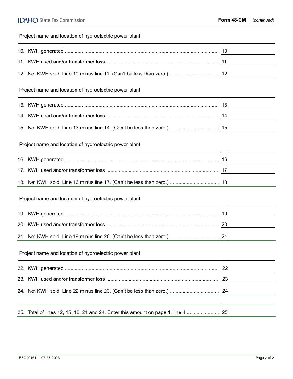 Form 48-CM (EFO00161) Kilowatt Hour (Kwh) License Tax Statement for Cogenerator (Monthly) - Idaho, Page 2