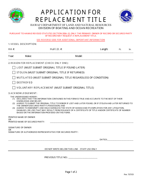 Application for Replacement Title - Hawaii Download Pdf