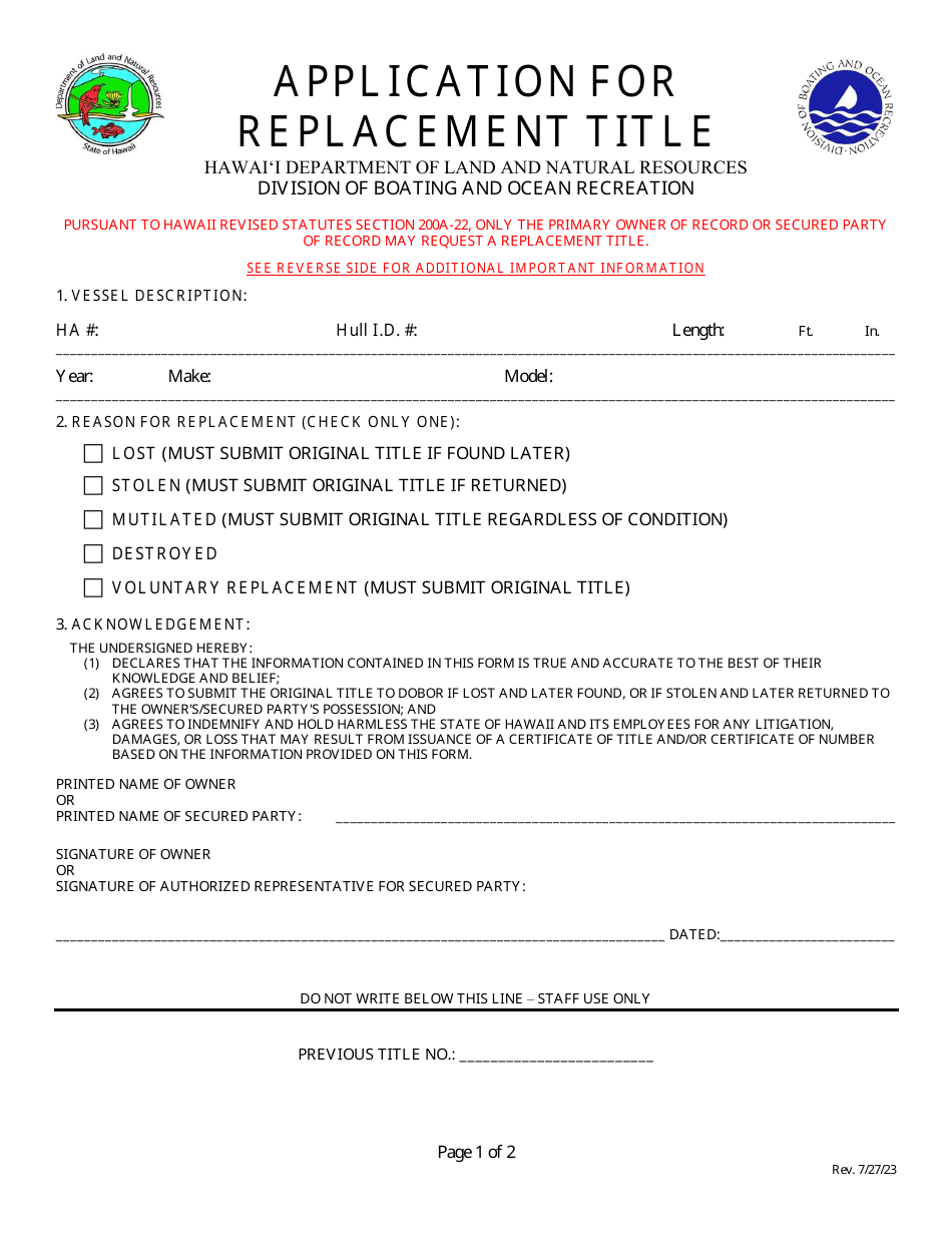 Application for Replacement Title - Hawaii, Page 1