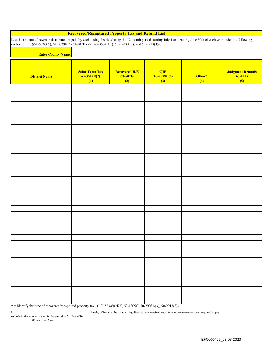 Form EFO000129 Recovered / Recaptured Property Tax and Refund List - Idaho, Page 1