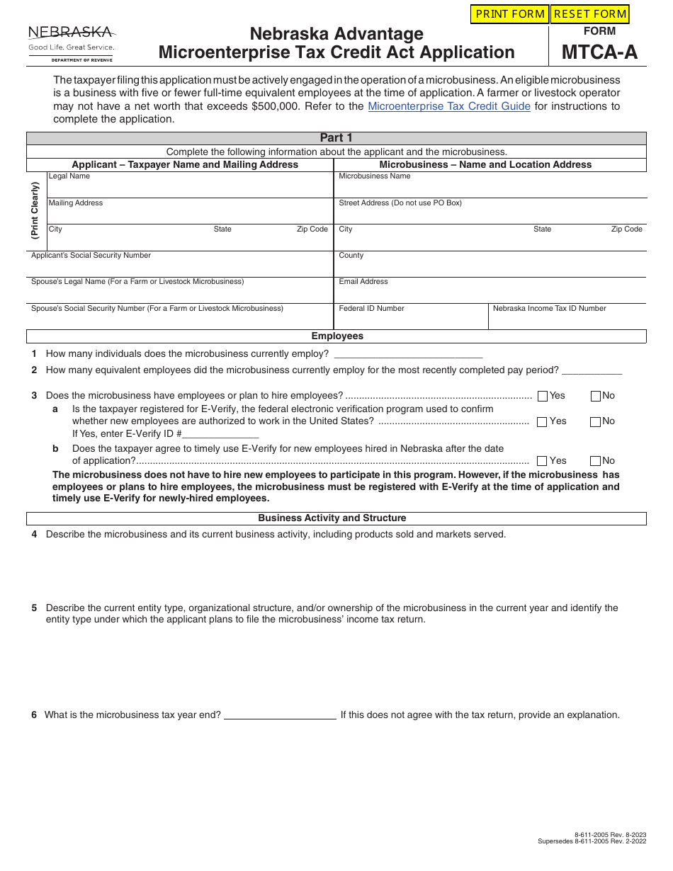 Form MTCA-A Nebraska Advantage Microenterprise Tax Credit Act Application - Nebraska, Page 1