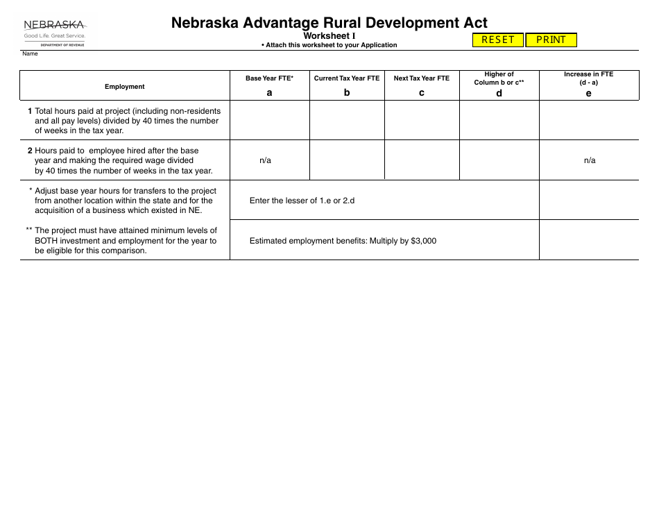 Worksheet I Nebraska Advantage Rural Development Act - Nebraska, Page 1