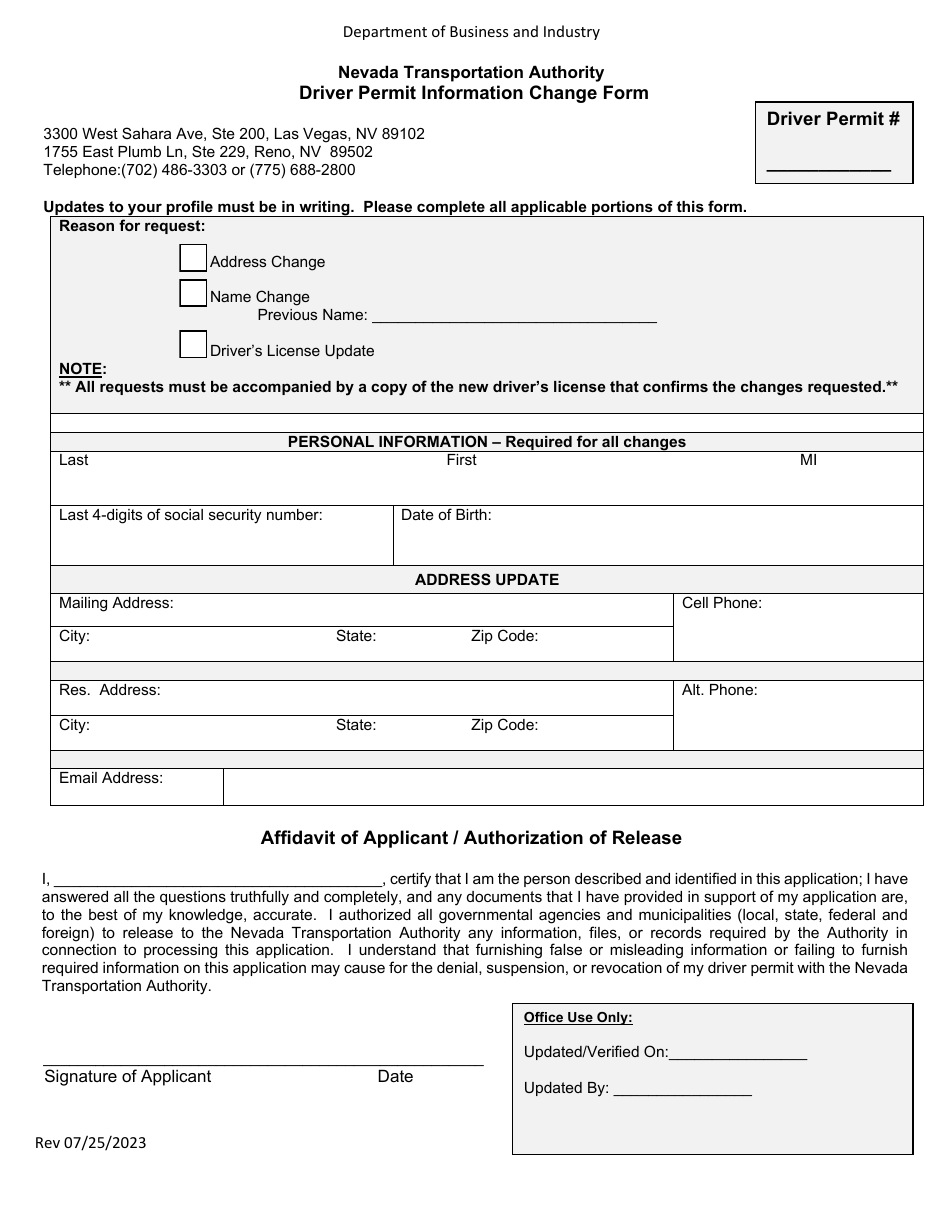 Driver Permit Information Change Form - Nevada, Page 1