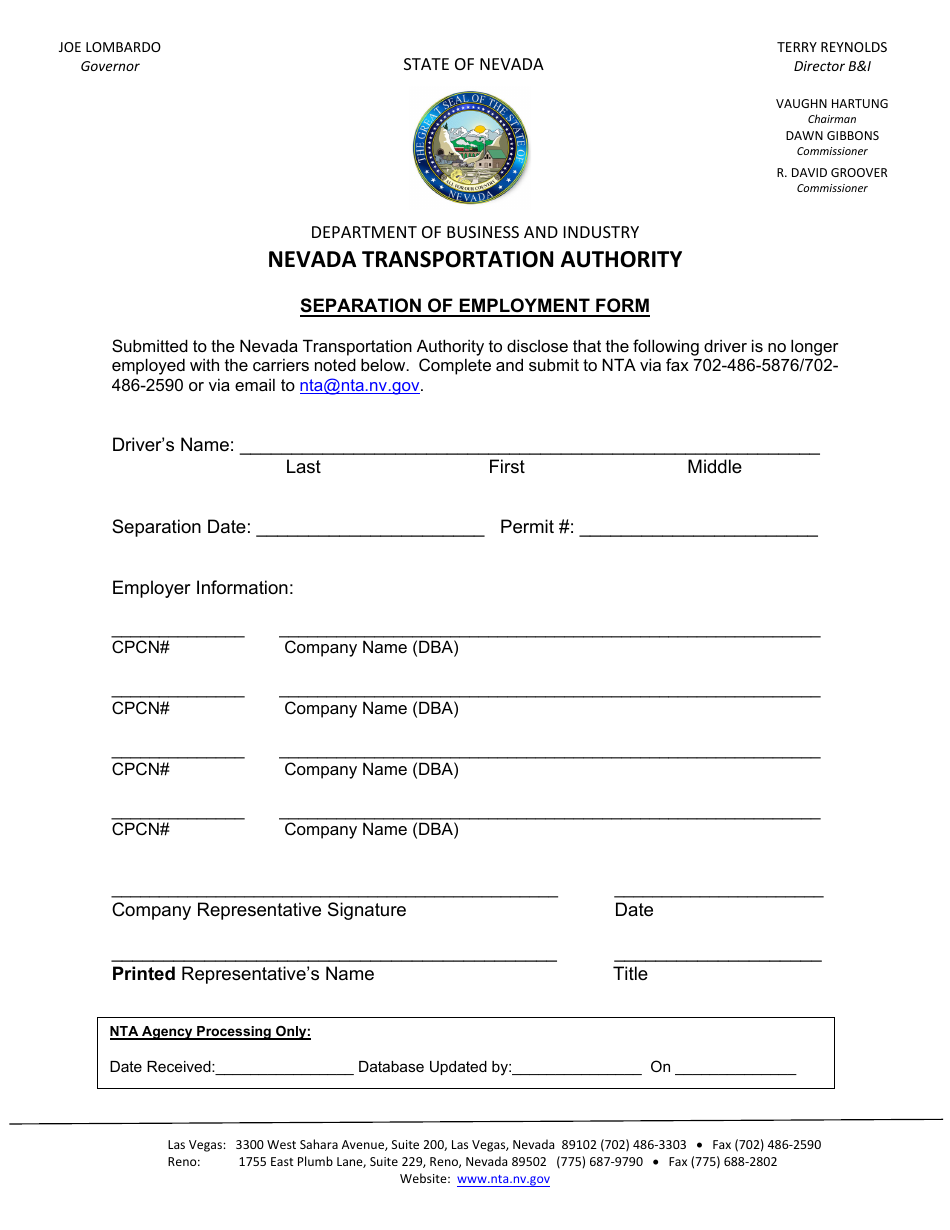 Separation of Employment Form - Nevada, Page 1