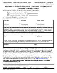 Document preview: Form CDPH4256R Application for Renewal Authorization as a Therapeutic Survey Physicist or Therapeutic Calibration Physicist - California