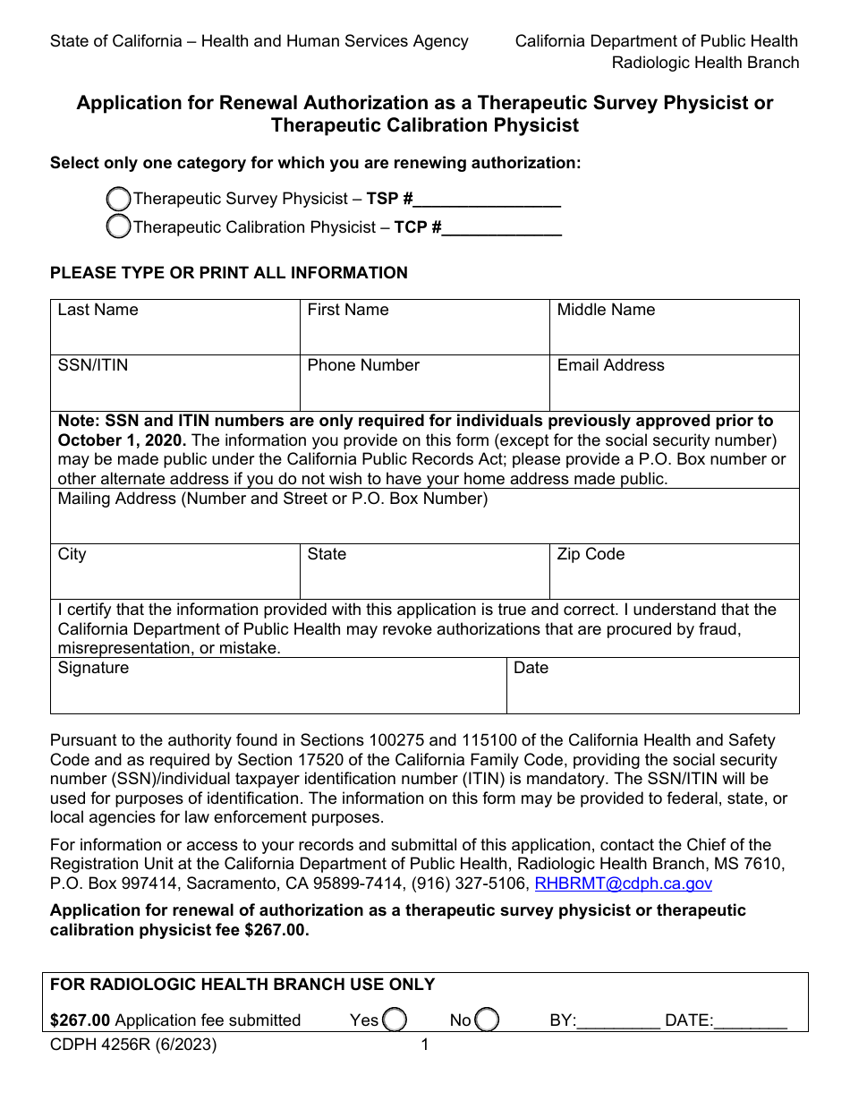 Form CDPH4256R Application for Renewal Authorization as a Therapeutic Survey Physicist or Therapeutic Calibration Physicist - California, Page 1