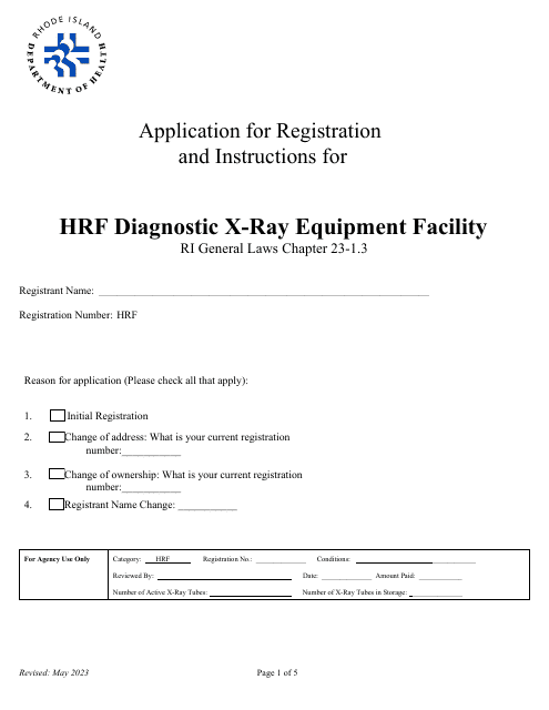 Application for Registration for Hrf Diagnostic X-Ray Equipment Facility - Rhode Island