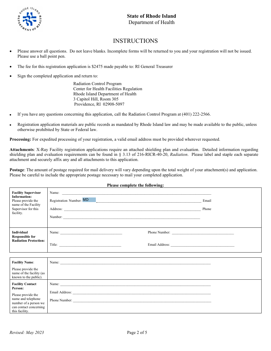 Application for Registration for Hrf Diagnostic X-Ray Equipment Facility - Rhode Island, Page 2