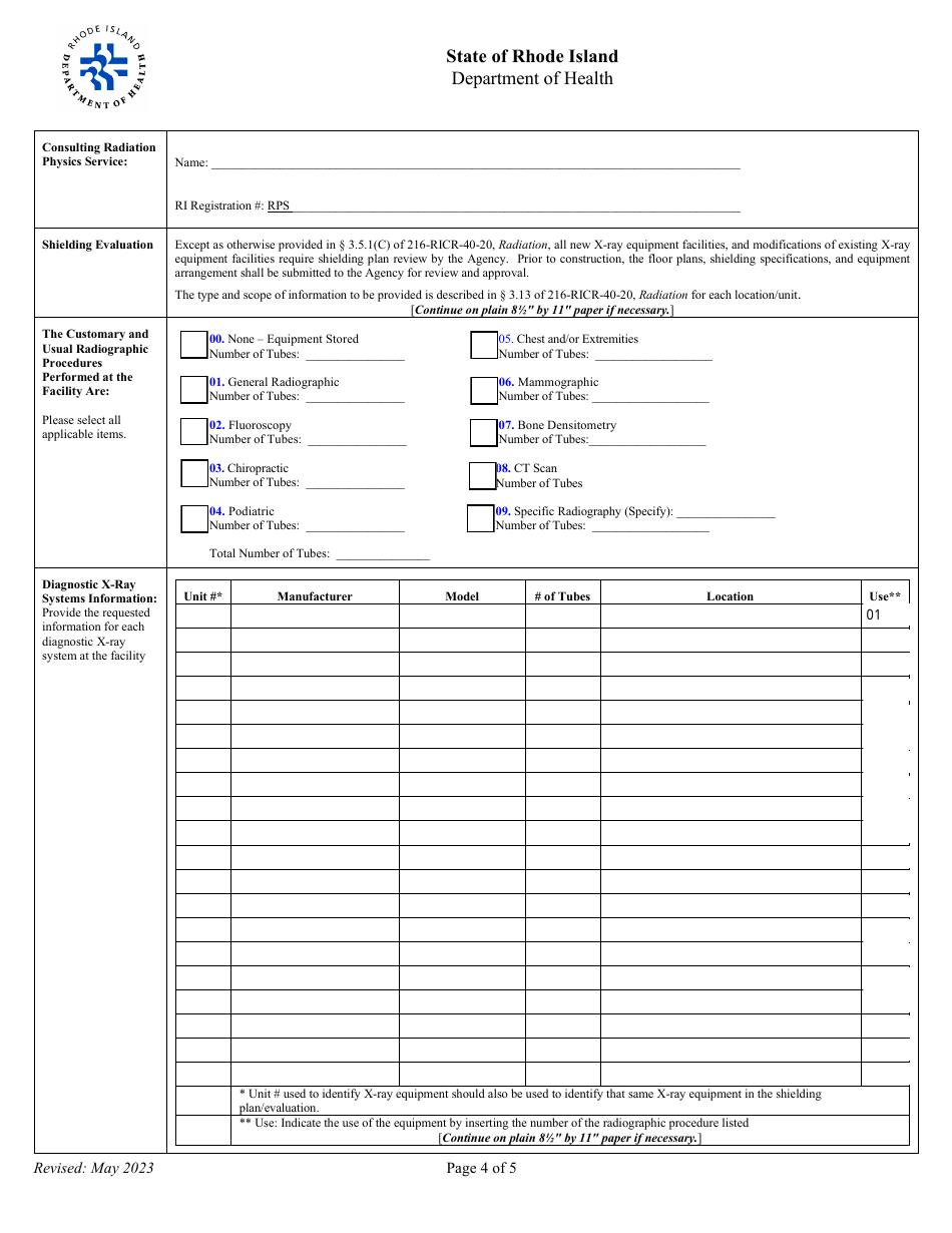 Application for Registration for Hrf Diagnostic X-Ray Equipment Facility - Rhode Island, Page 4