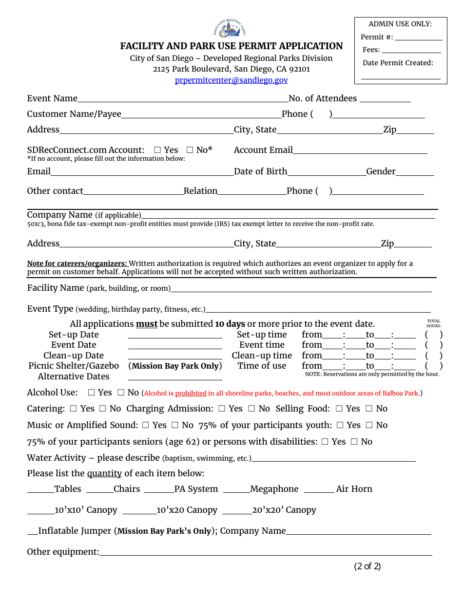 Facility and Park Use Permit Application - City of San Diego, California, Page 1