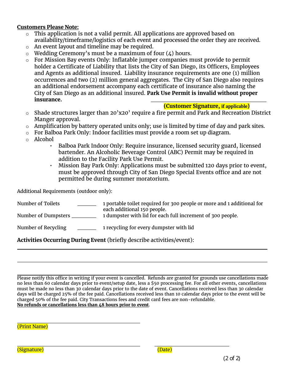 Facility and Park Use Permit Application - City of San Diego, California, Page 2
