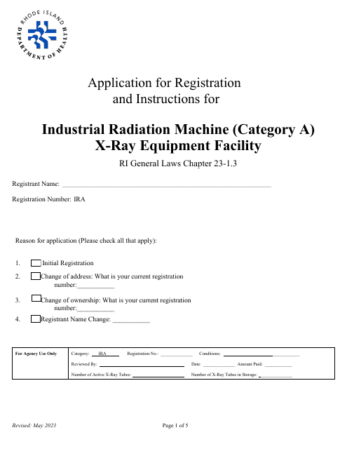 Application for Registration for Industrial Radiation Machine (Category a) X-Ray Equipment Facility - Rhode Island Download Pdf